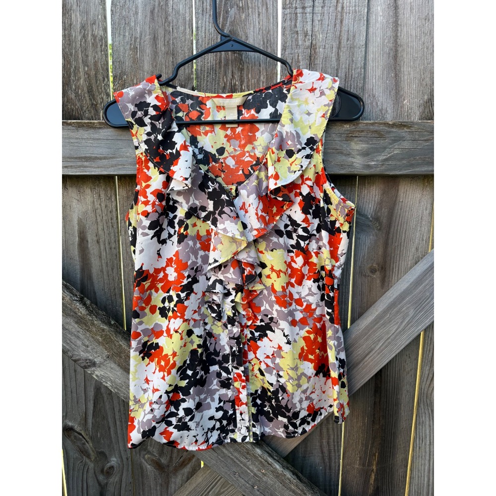 Banana Republic Women Orange Yellow Floral Ruffle‎ V-Neck Sleeveless Blouse Sz M